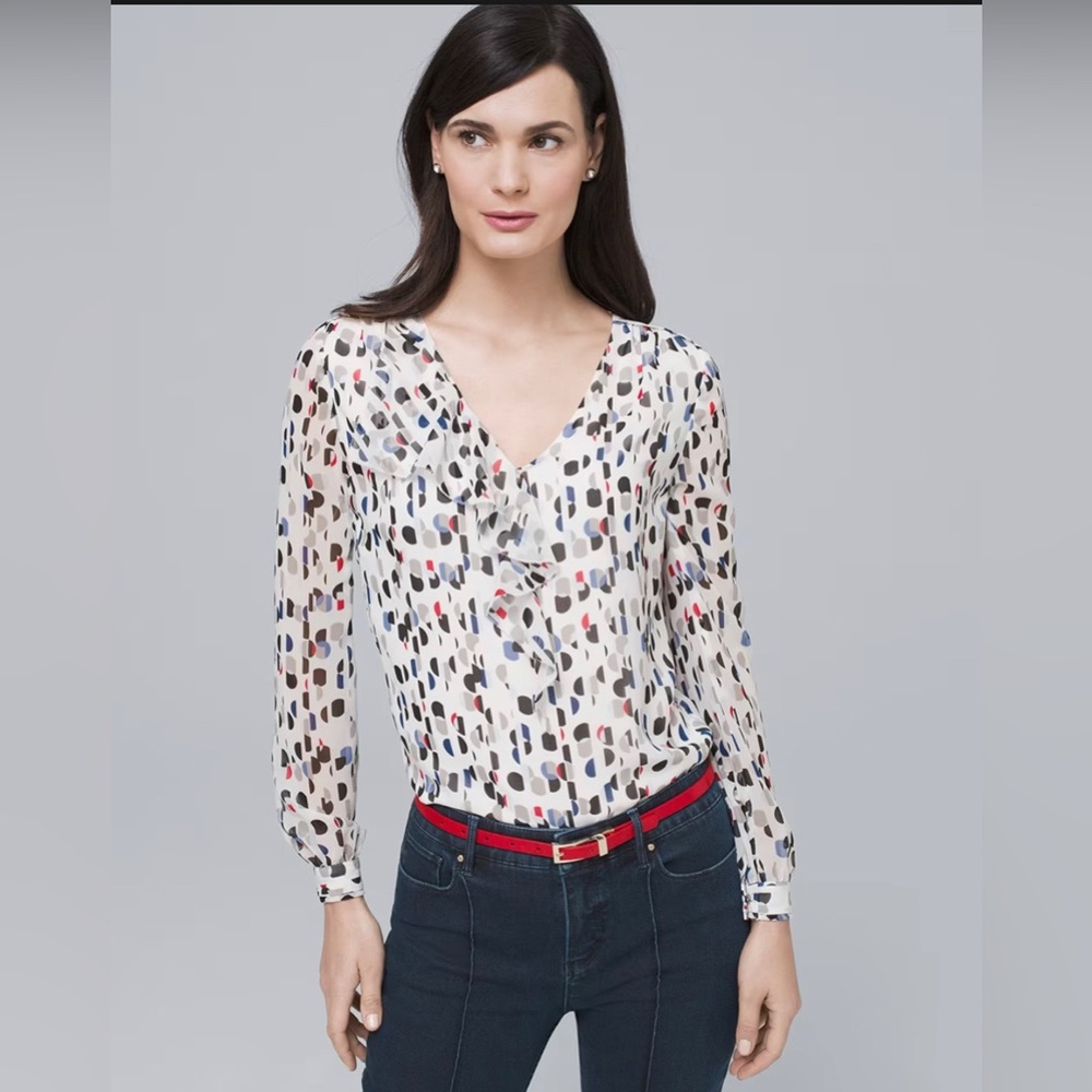 White House Black Market Semi-Sheer Dot Print Ruffle Top women’s size 4 - Picture 2 of 9